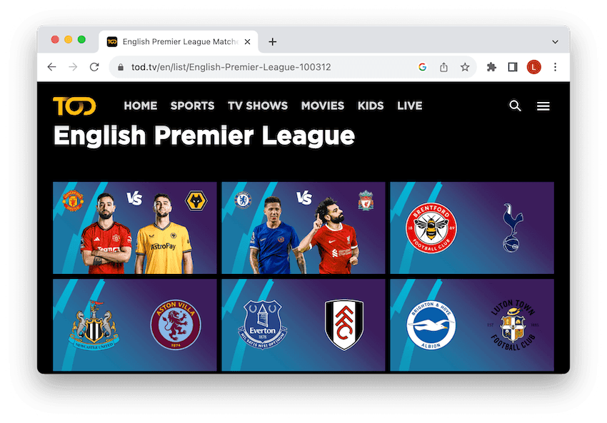 Live streaming Premier League games on TOD