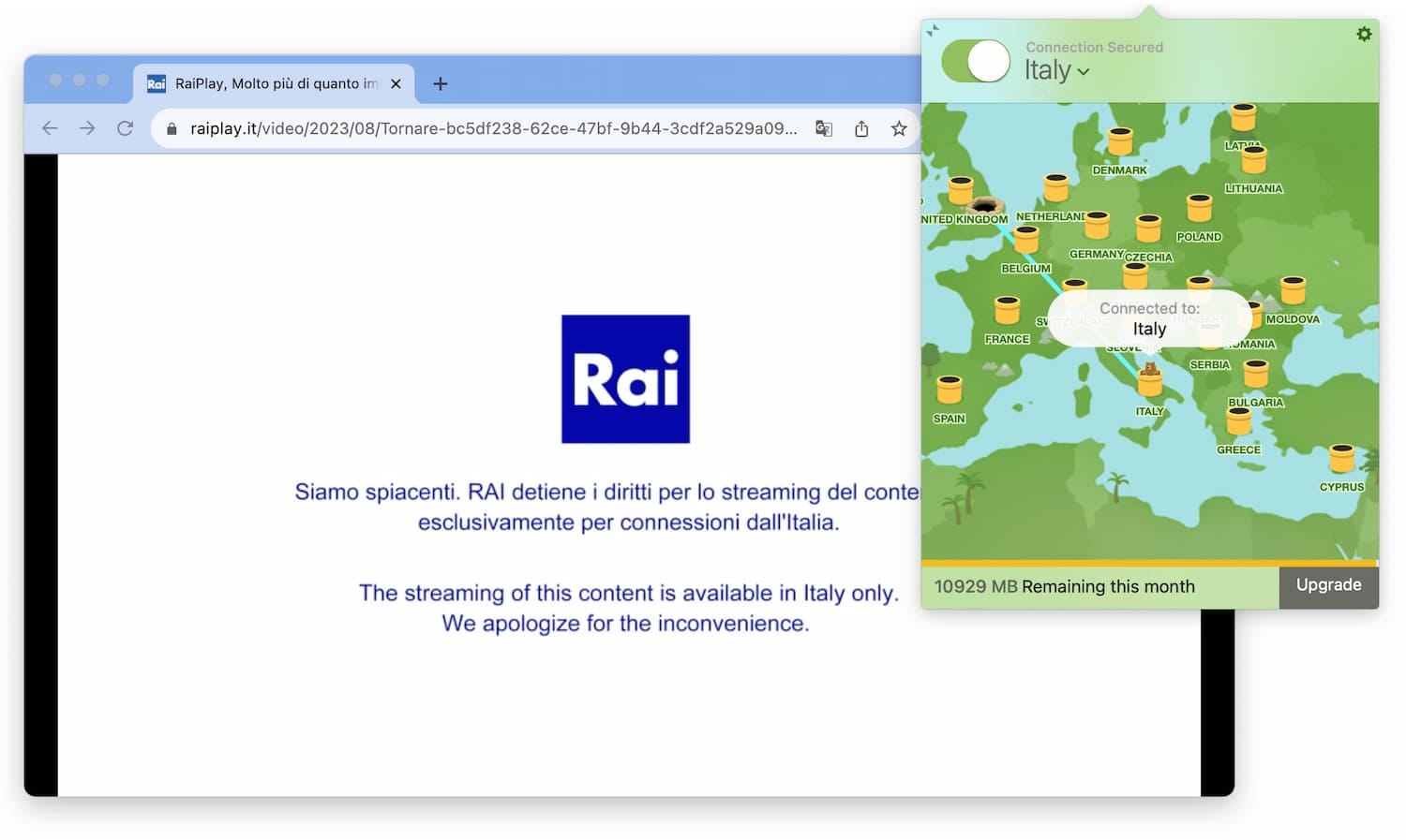 Intentando desbloquear RaiPlay con la versión gratuita de TunnelBear