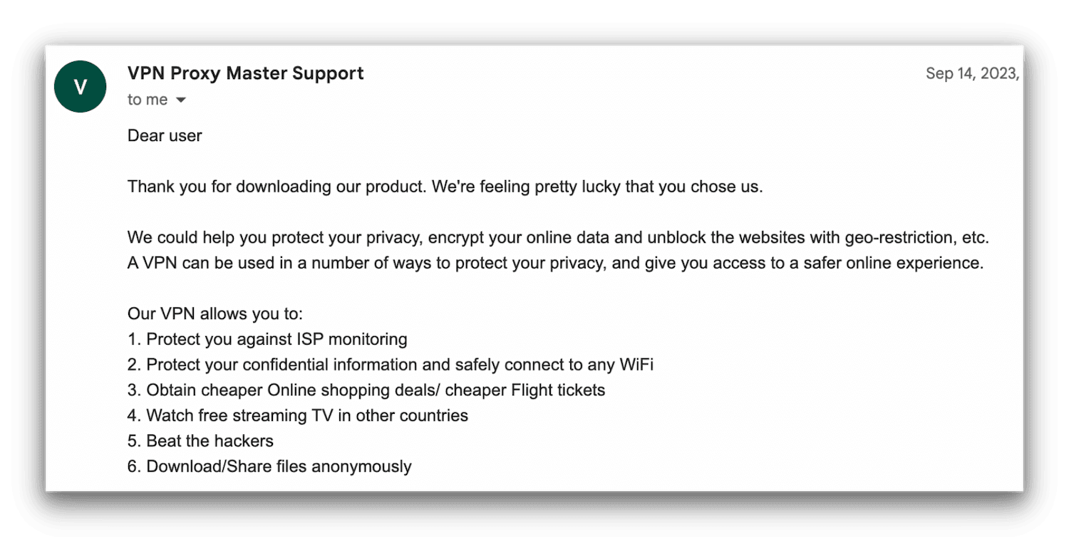 Screenshot of an email from VPN Proxt Master answering a question.