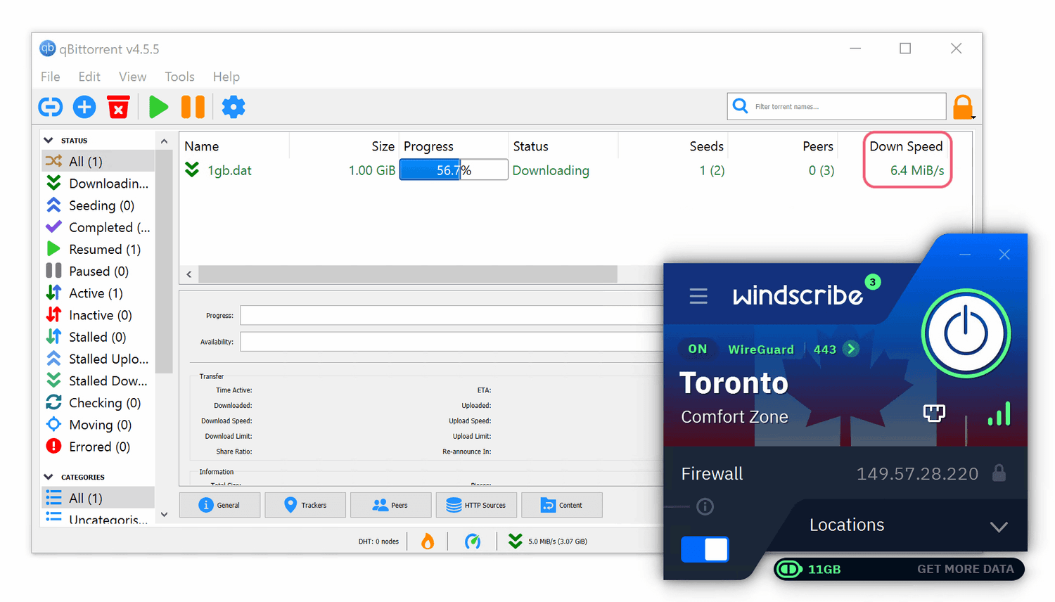 Testing Windscribe's free VPN's file-sharing bitrate