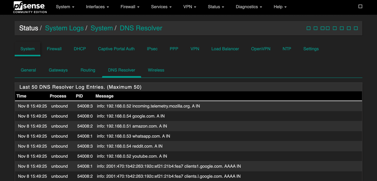 Registros de actividad de red en un router wifi