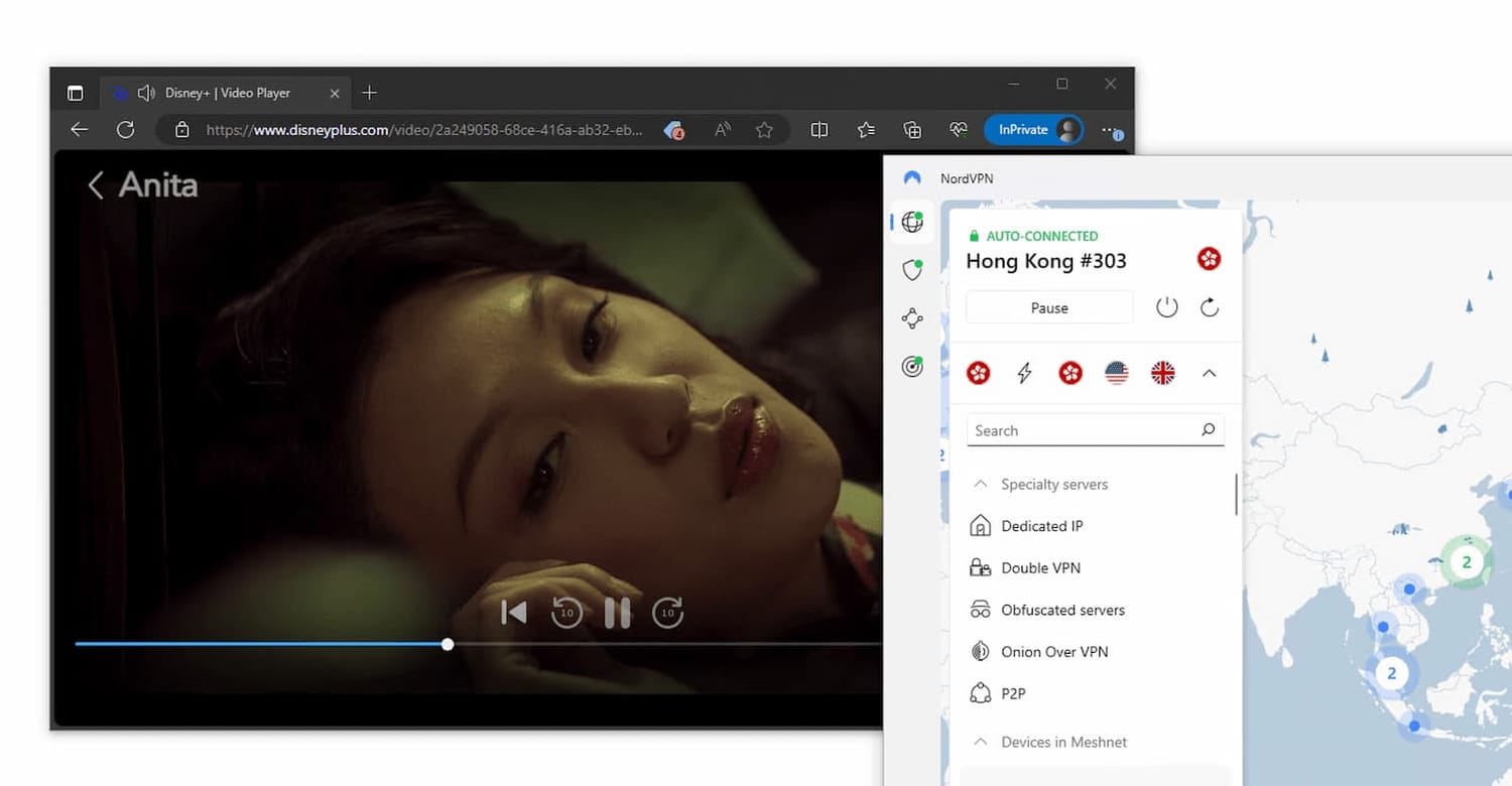 Streaming Disney+ HK while connected to NordVPN's Hong Kong server