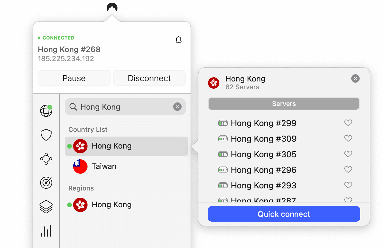NordVPN's Hong Kong servers on macOS