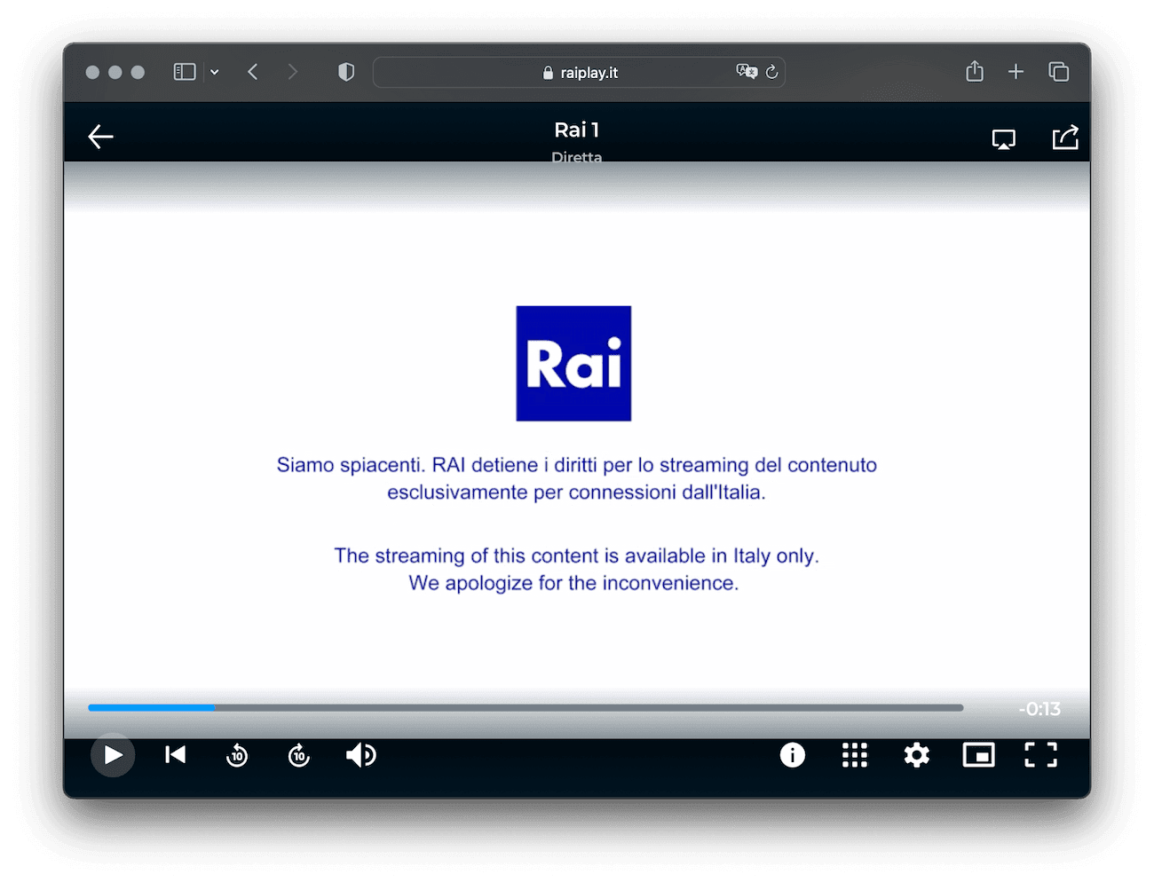 Messaggio d'errore quando si prova a vedere contenuti georistretti su RaiPlay