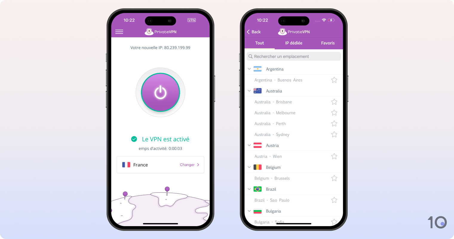 L’aspect de l’application PrivateVPN sur iOS