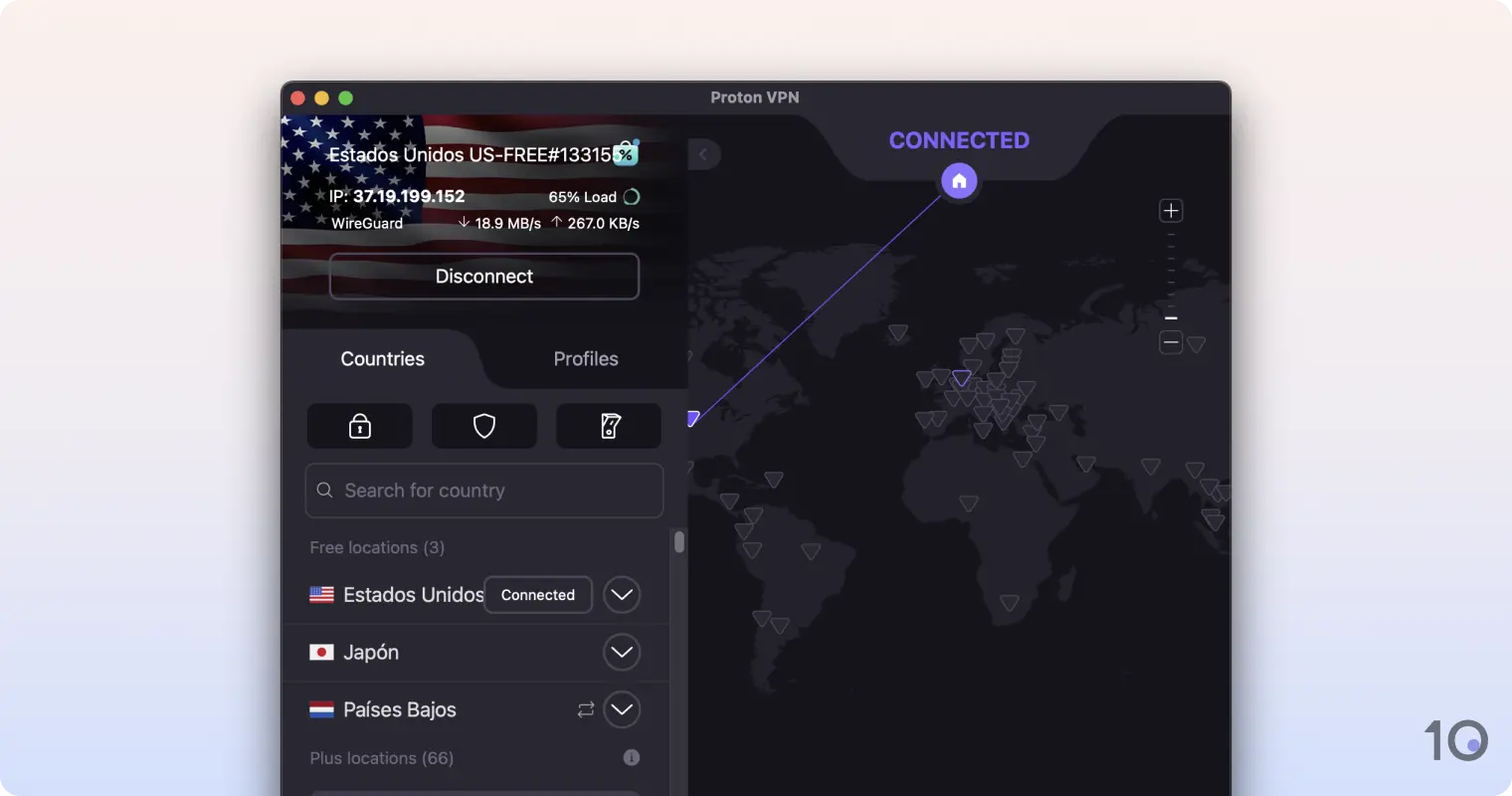 Aplicación VPN gratis de ProtonVPN para macOS