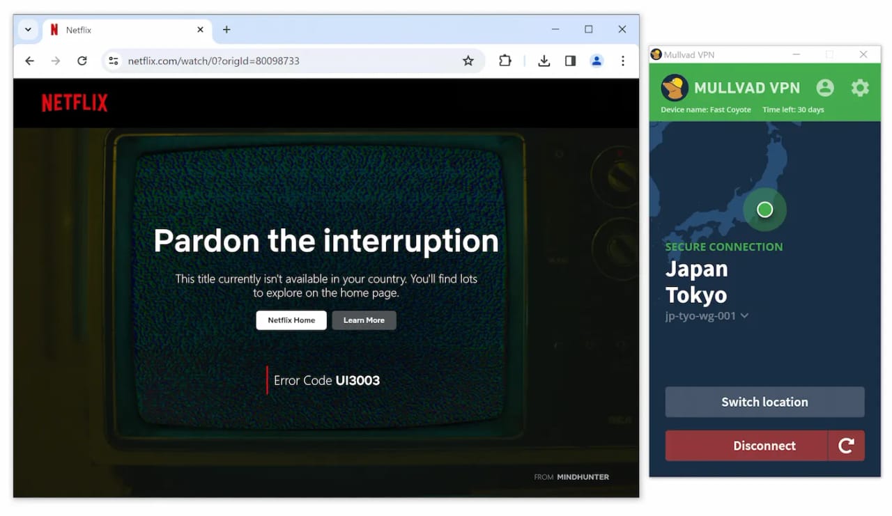 Mullvad VPN upptäcks och blockeras från att komma åt Netflix