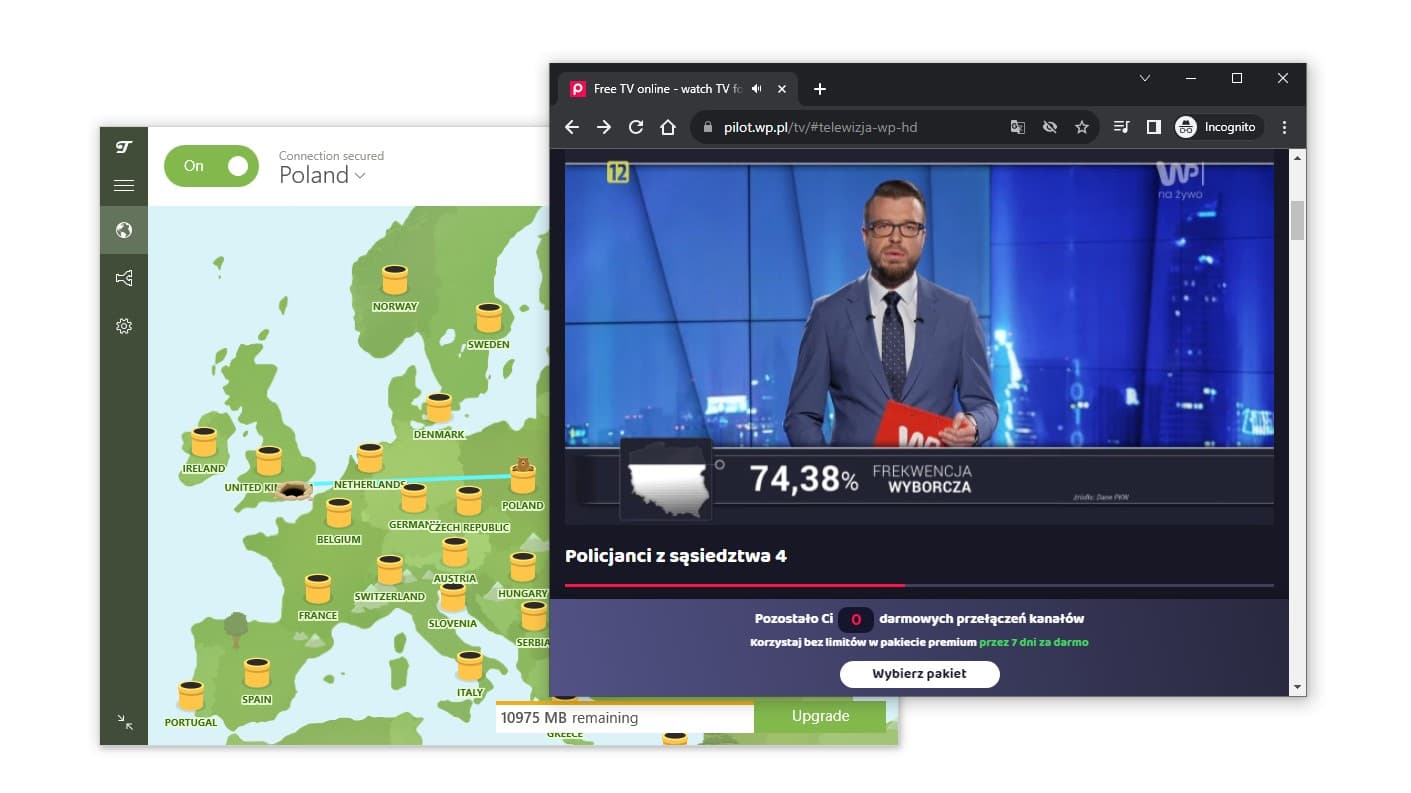 Oglądanie WP Pilot za pośrednictwem TunnelBear