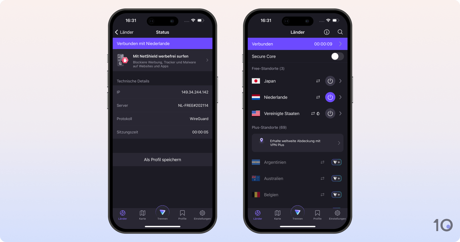 Die kostenlose App von ProtonVPN für iOS