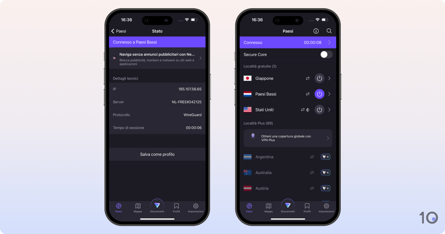 L'app gratuita di Proton VPN per iOS
