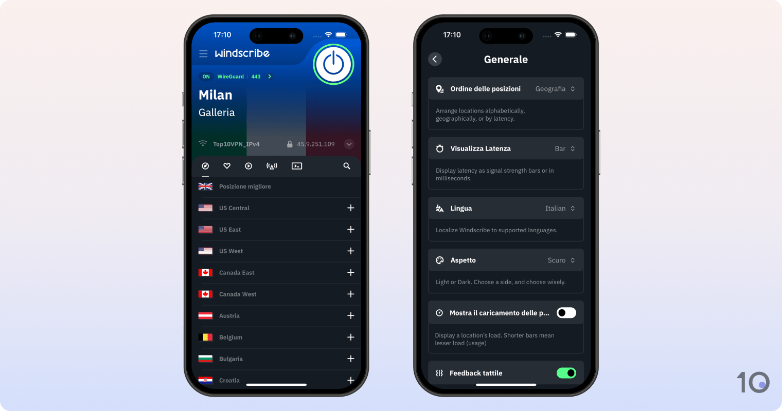 L'app di Windscribe VPN per iOS