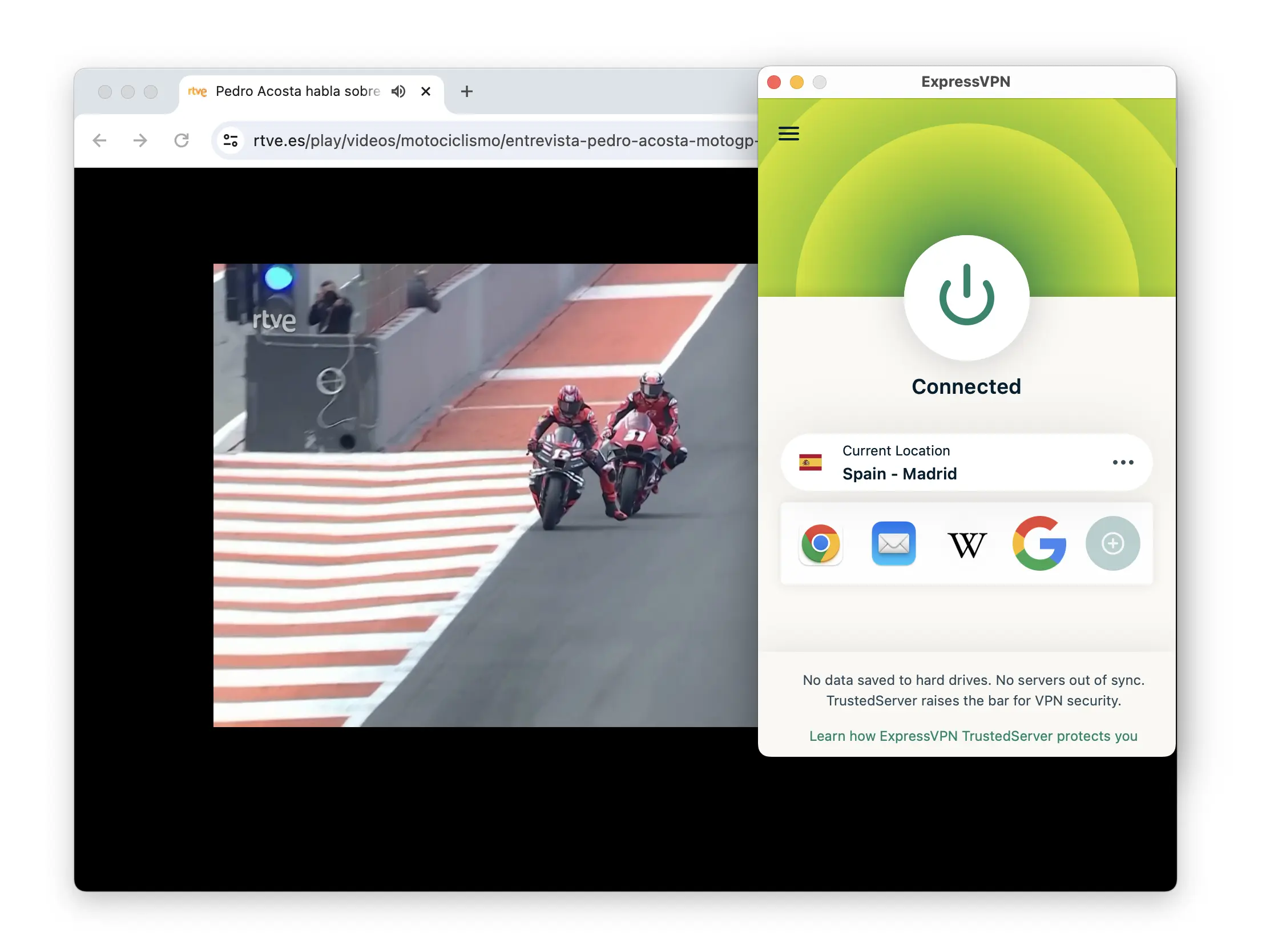 Conectados a los servidores de ExpressVPN en España para ver RTVE Play desde fuera