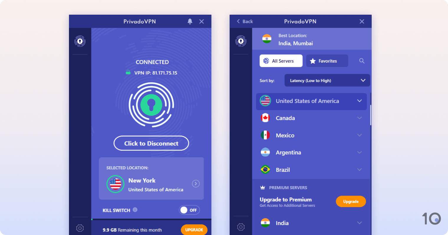 PrivadoVPN Free's VPN app for Windows