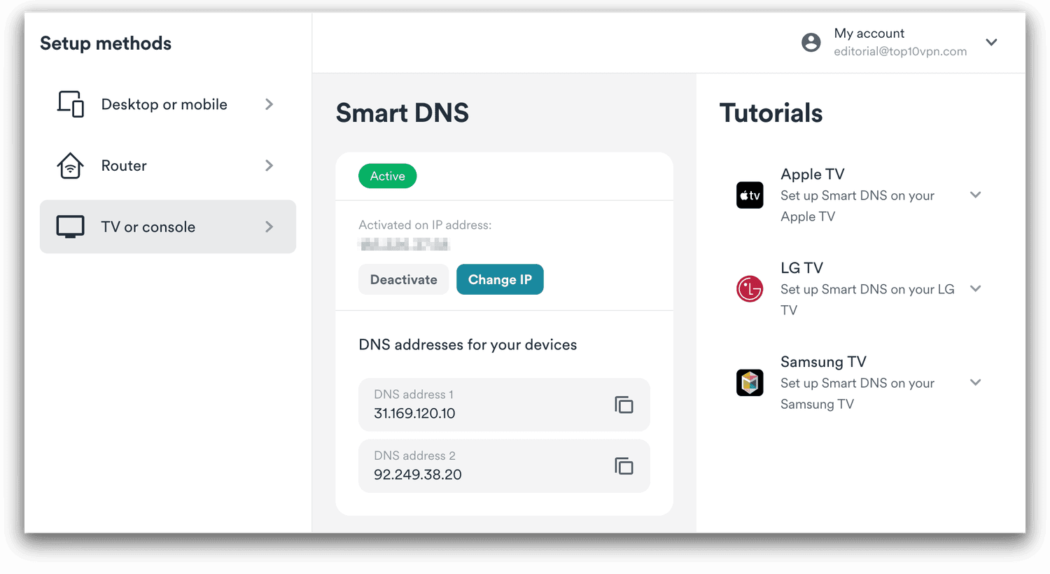 The Smart DNS and Smart TV setup presented to users on the Surfshark account page