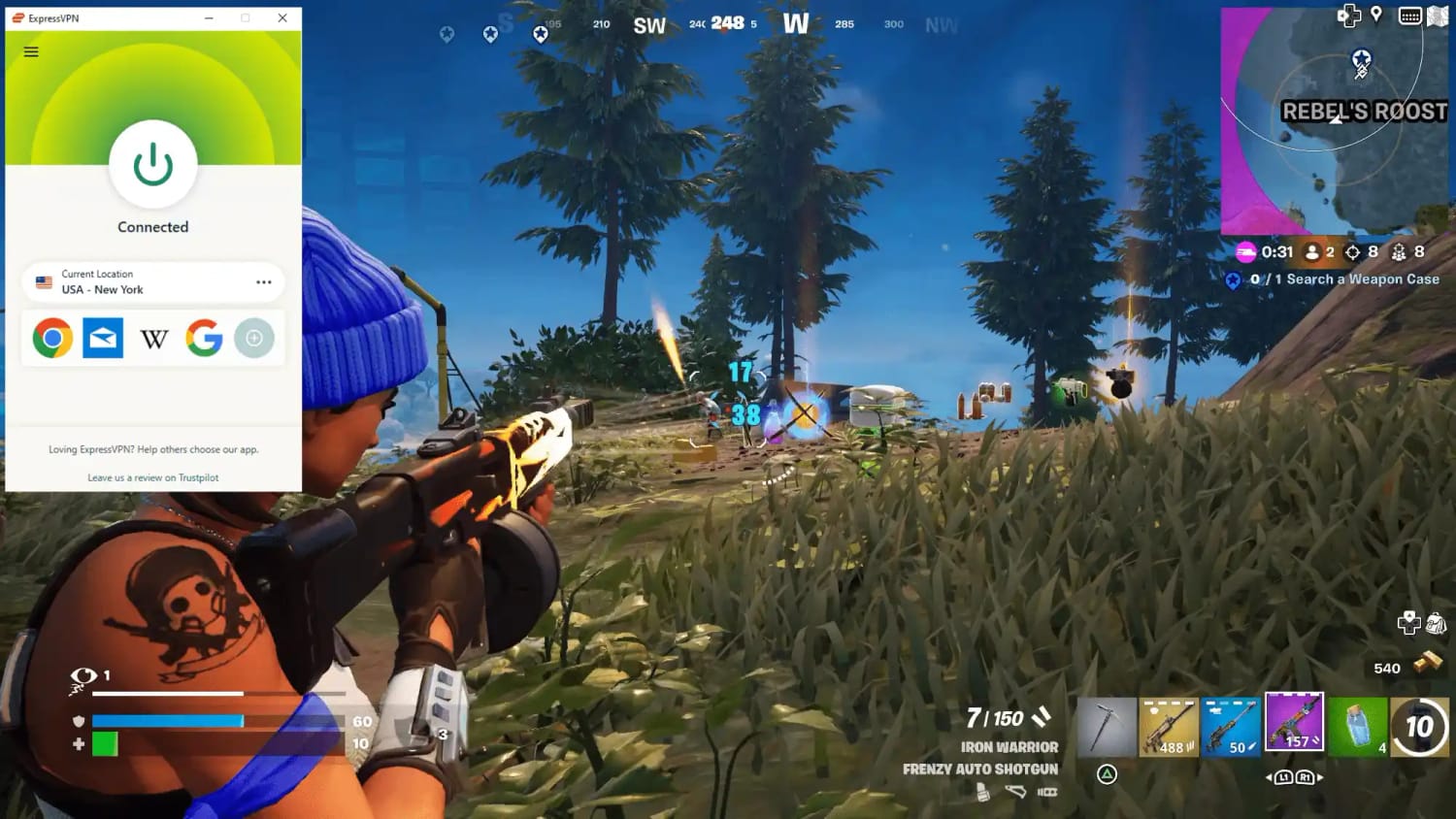 Captura de pantalla de una partida de Fortnite en una consola PS5 mientras estábamos conectados a un servidor neoyorkino de ExpressVPN.