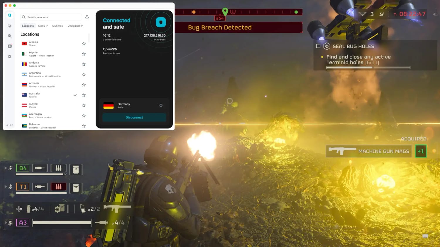 Hell Divers 2 en PS5 mientras estábamos conectados a un servidor alemán de Surfshark.
