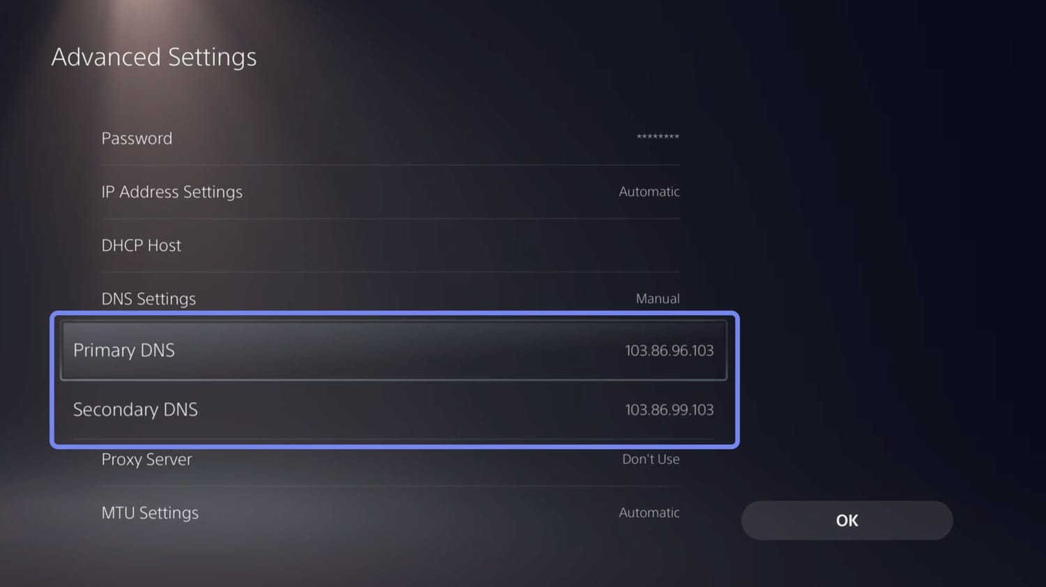 El Smart DNS de NordVPN configurado en una PS5. Captura de pantalla de los Ajustes avanzados de red de una a PS5.