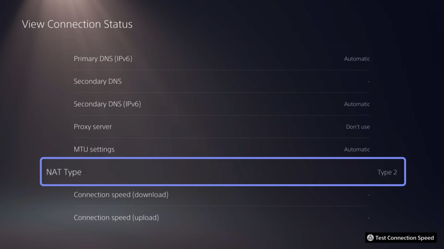 Ajustes de Estado de conexión en PS5 con una vista ampliada del tipo de NAT. Nuestra PS5 tiene una NAT de tipo 2.