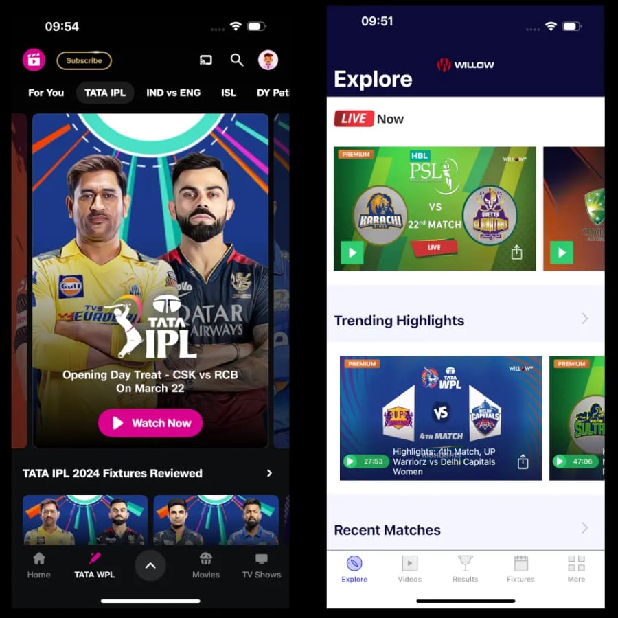 Comparison of JioHotstar and Willow TV's iOS apps