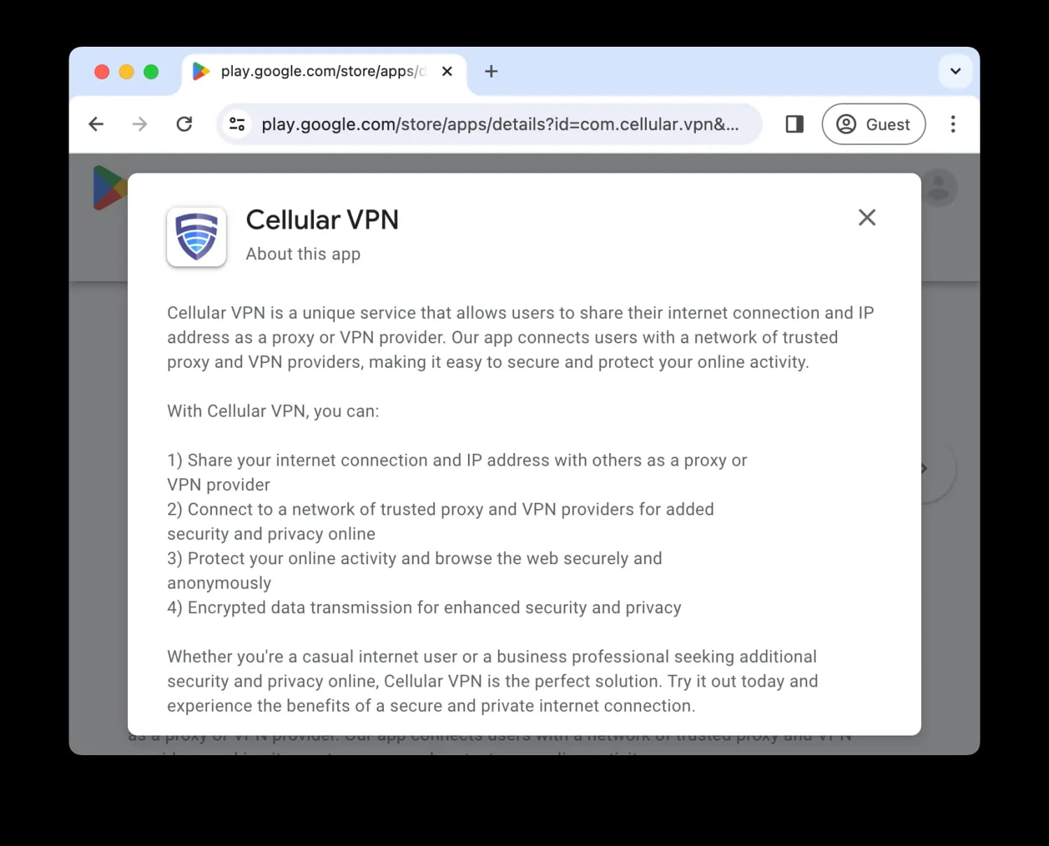 Descrição da Cellular VPN na Google Play Store