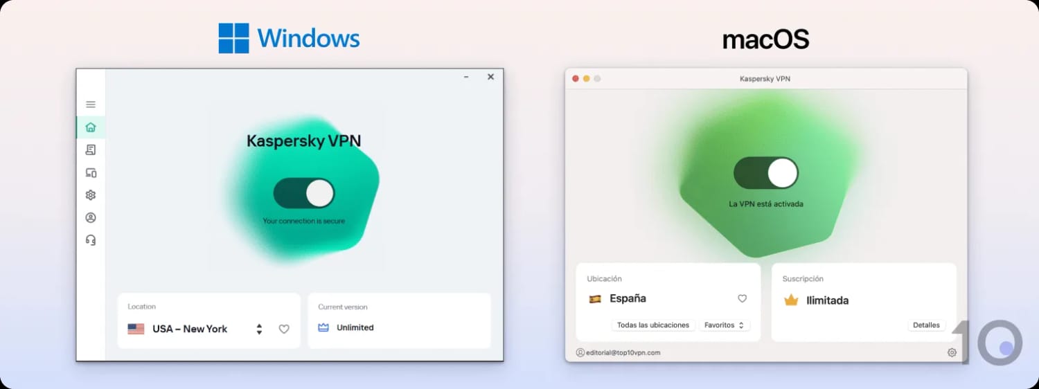 Las aplicaciones de Kaspersky para Windows y Mac, una al lado de la otra