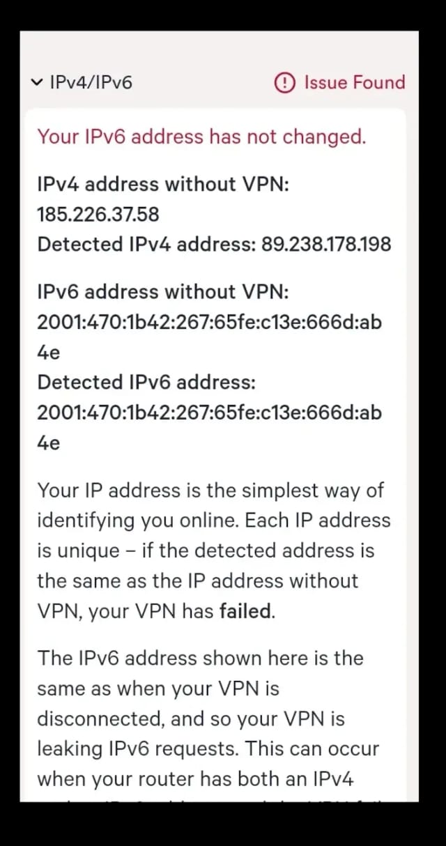 uVPN leaked my IPv6 address in our leak test tool