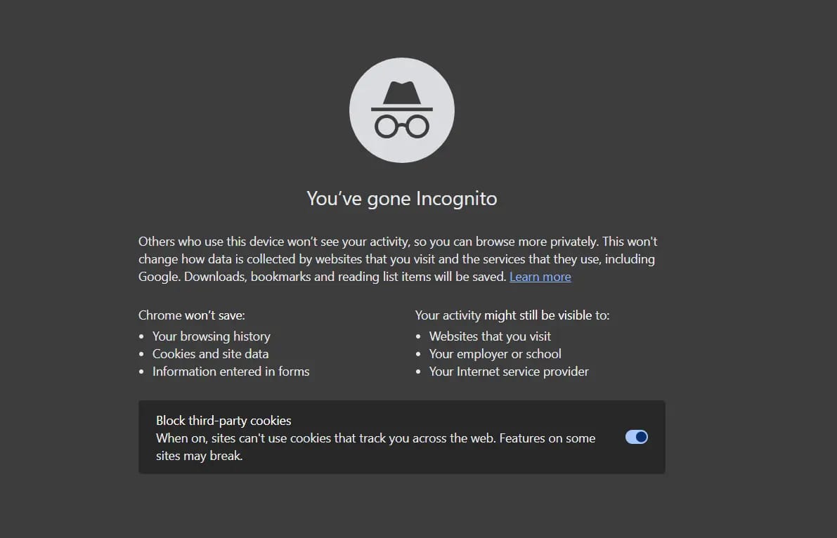 Ostrzeżenie na temat trybu incognito Google Chrome