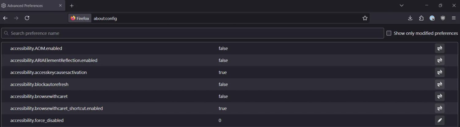 Captura de pantalla del menú de configuración avanzada de Firefox