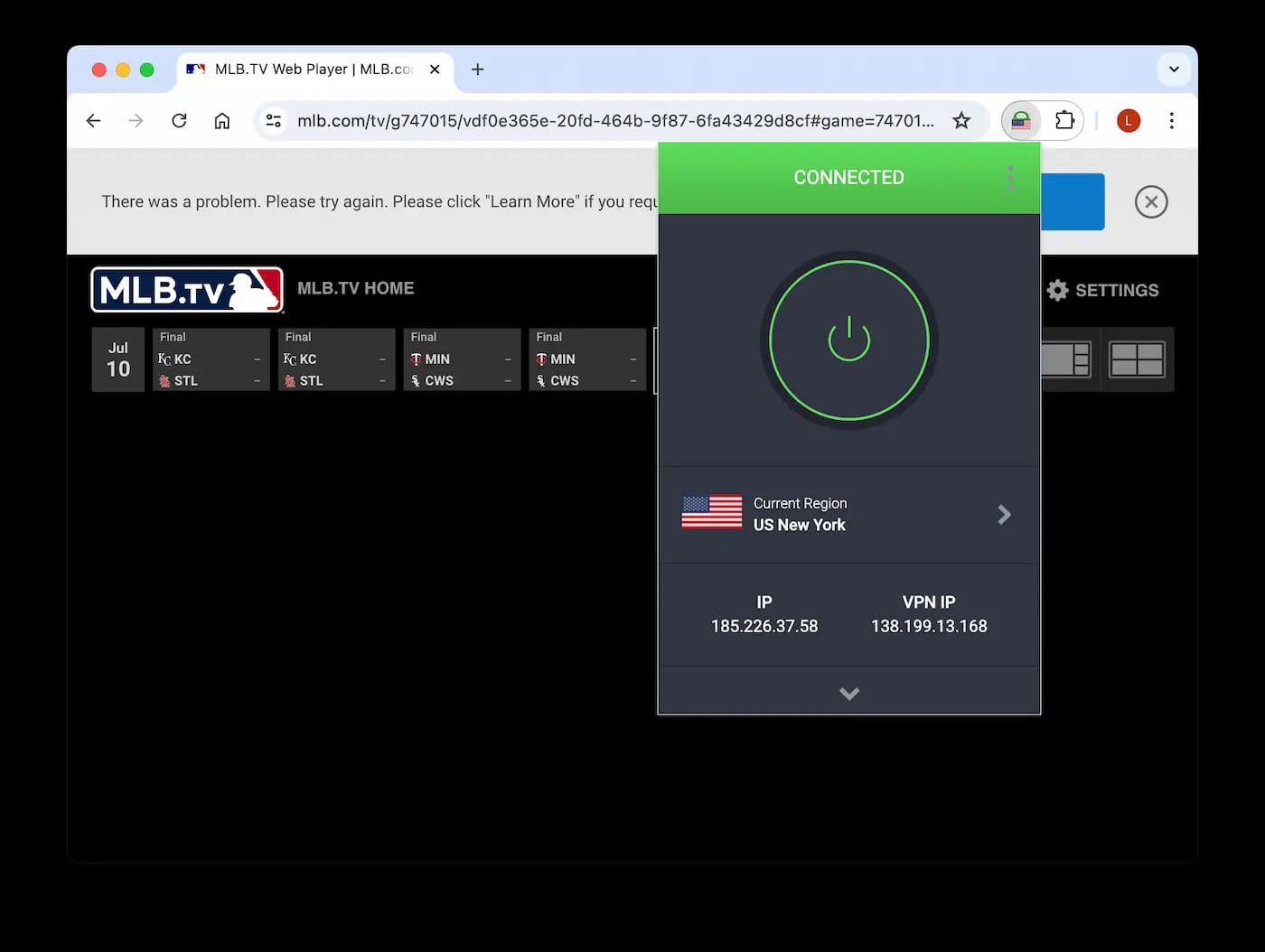 Error message being shown when trying to access MLB.TV with PIA VPN