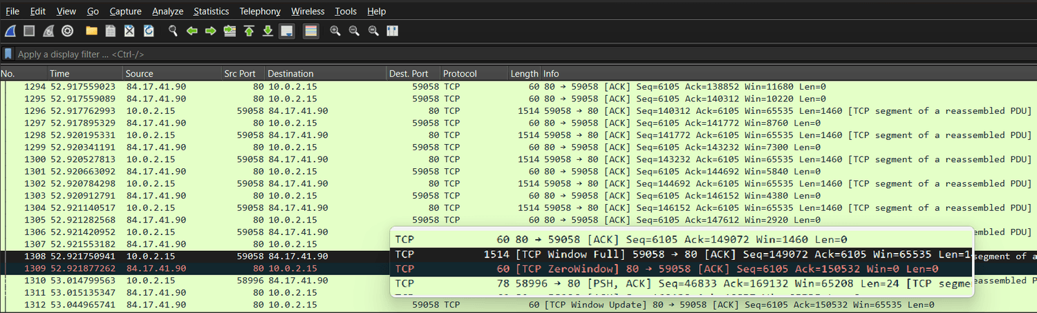 TCP 연결에서 TCP 윈도우가 가득 찼을 때와 비었을 때의 메시지를 보여주는 Wireshark 스크린샷