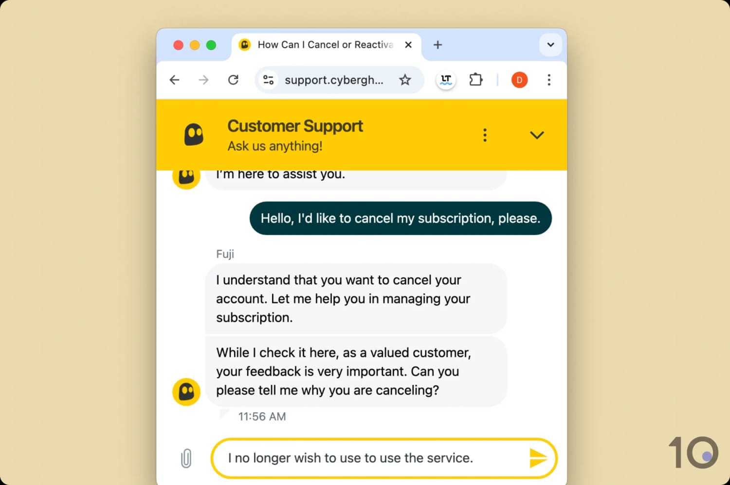 Solicitud de cancelación a través del chat en vivo de CyberGhost