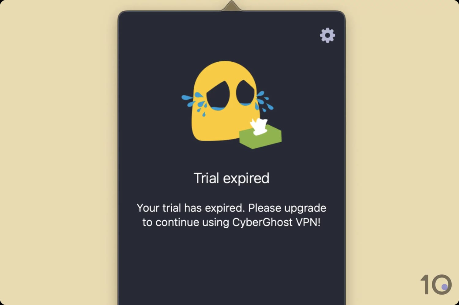 Captura de pantalla de la aplicación CyberGhost que muestra que la versión de prueba ha expirado