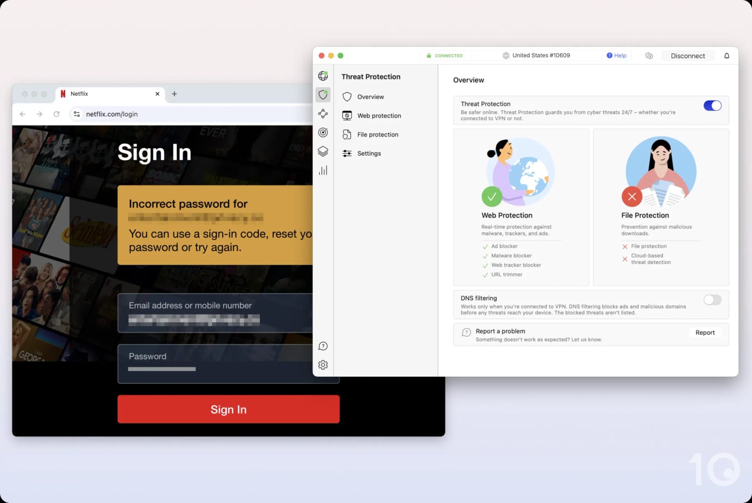 NordVPN met hotsbescherming ingeschakeld naast een foutmelding van Netflix