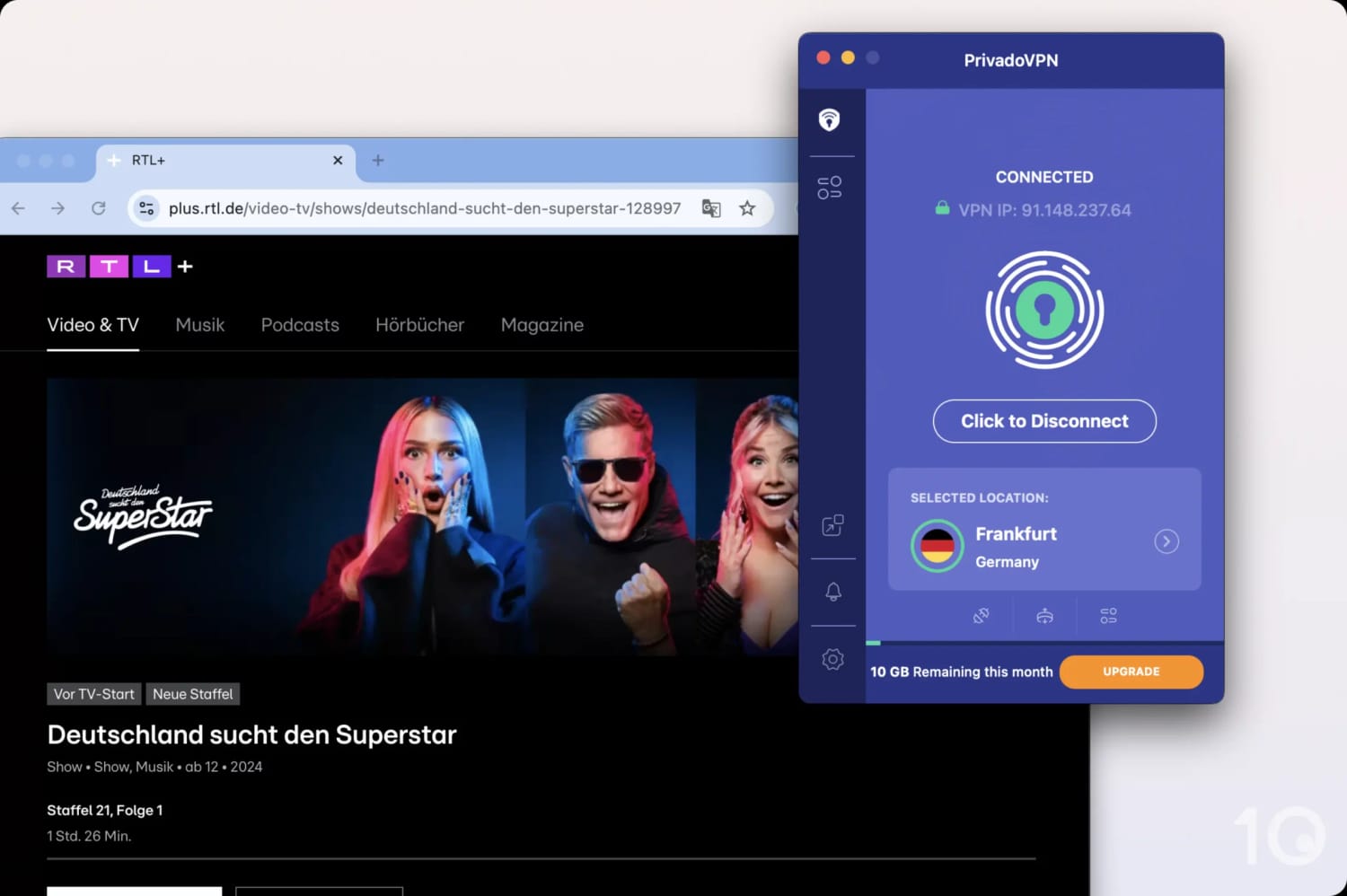 Servicio gratuito de PrivadoVPN desbloqueando RTL+