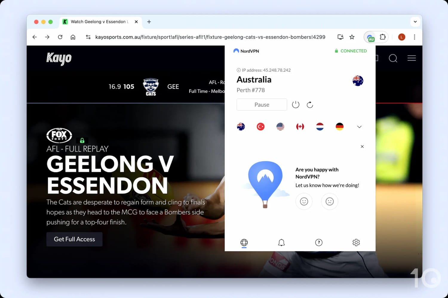 Watching Kayo Sports from abroad using NordVPN