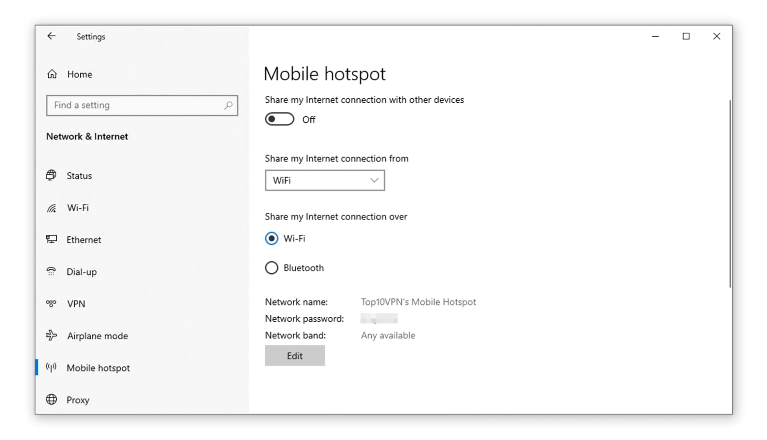 Windows 10 mobile hotspot settings