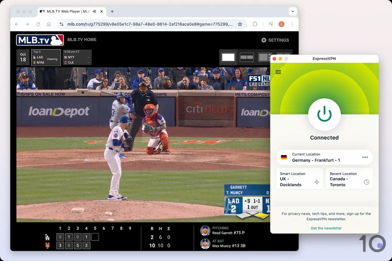 Bypassing MLB.TV blackouts by connecting to a German ExpressVPN server