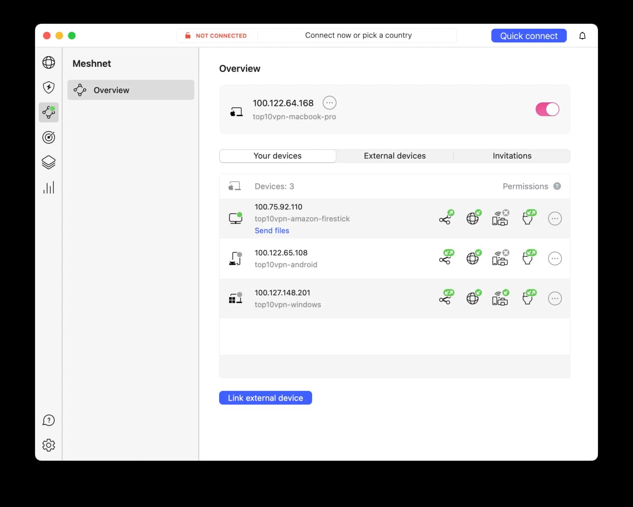 NordVPN's Meshnet feature set up to route traffic from an Amazon Firestick, Windows, and Android through one MacBook Pro in one location.
