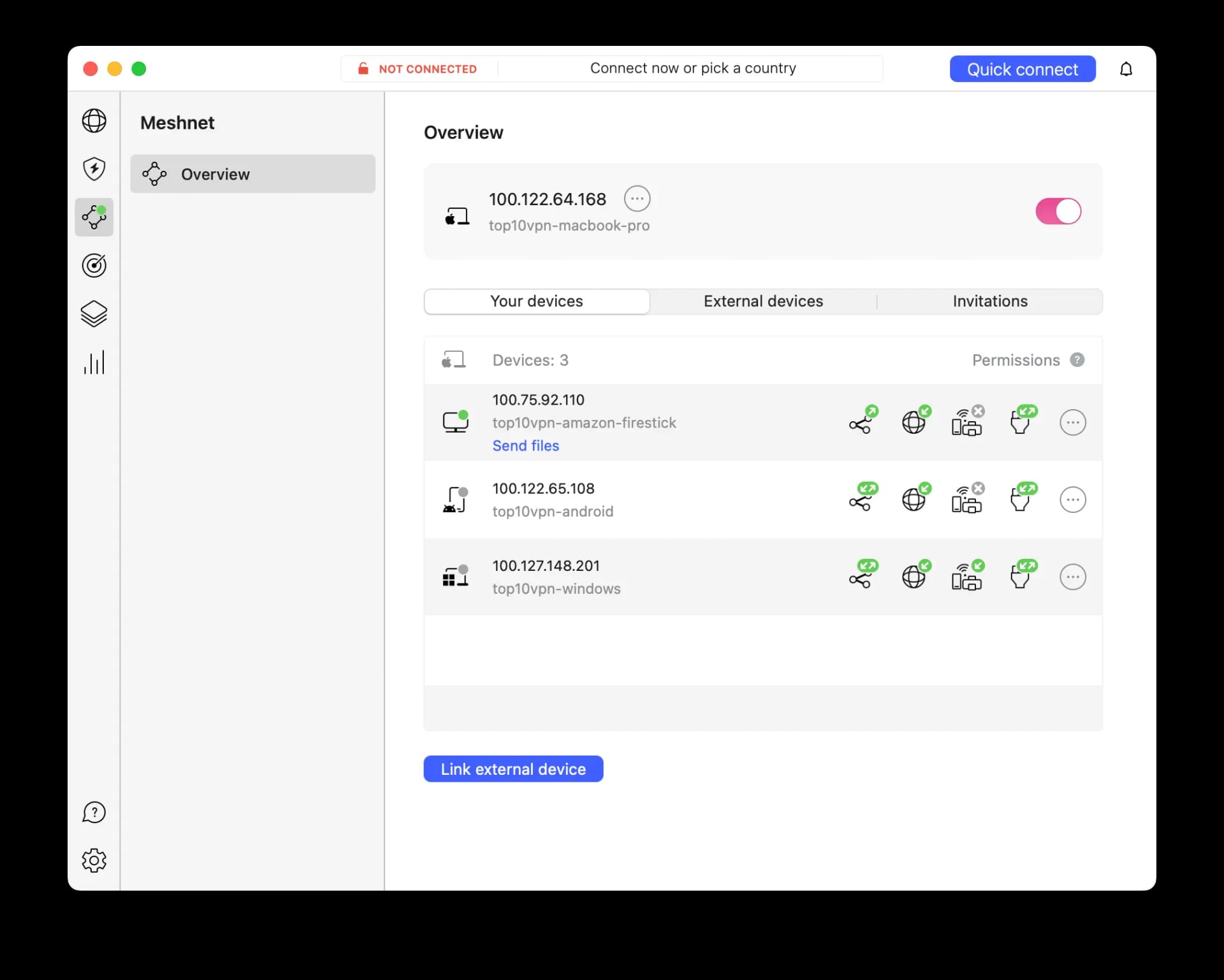 NordVPN's Meshnet feature set up to route traffic from an Amazon Firestick, Windows, and Android through one MacBook Pro in one location.