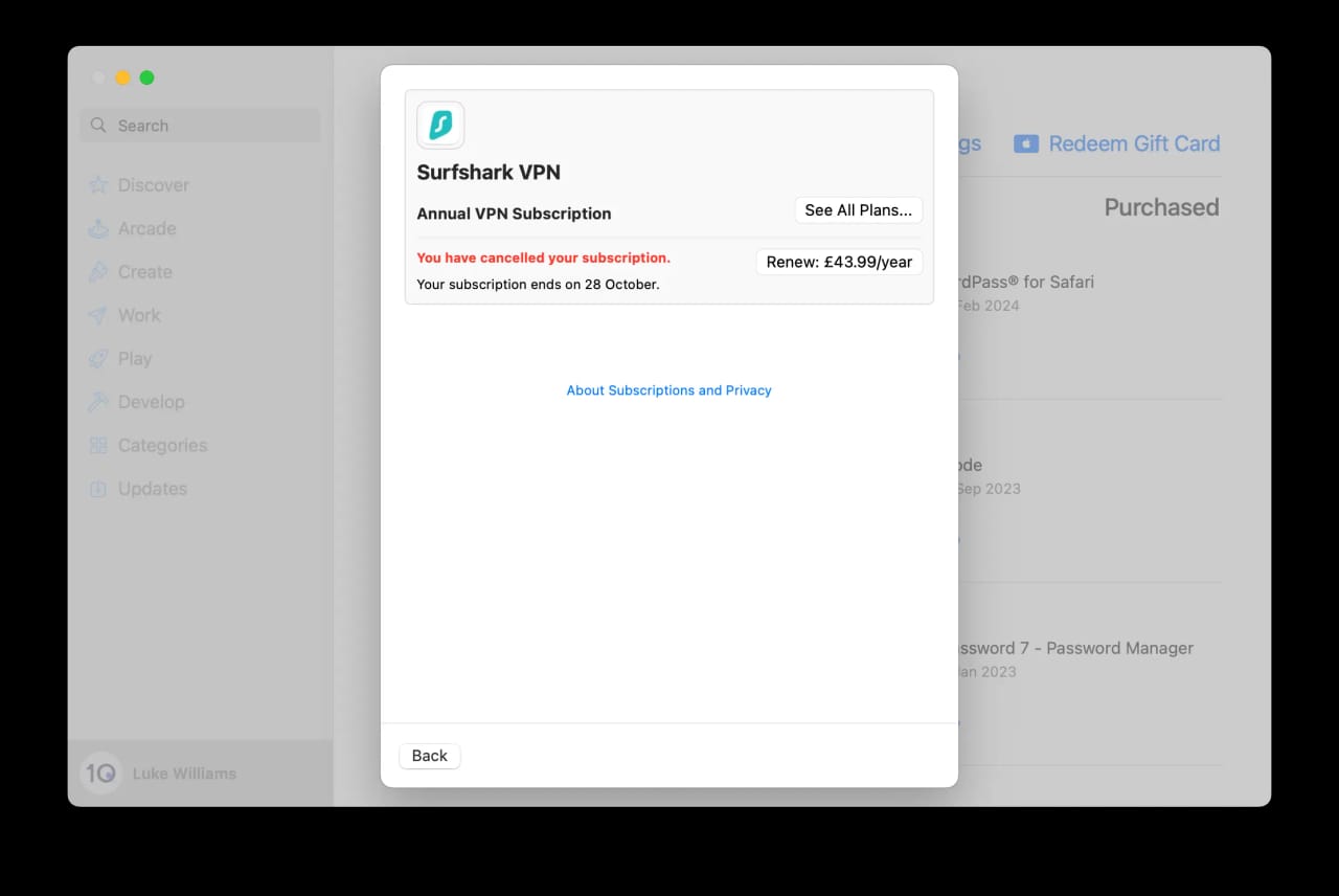 SurfShark cancellation confimed on macOS