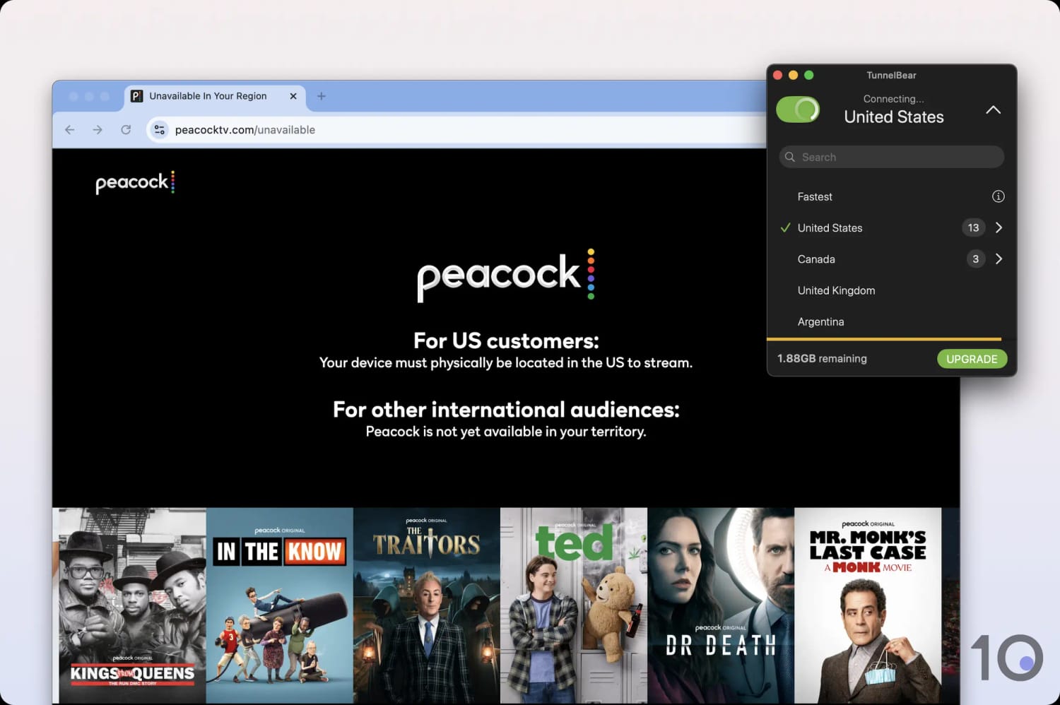 TunnelBear's Free US Servers Blocked by Peacock