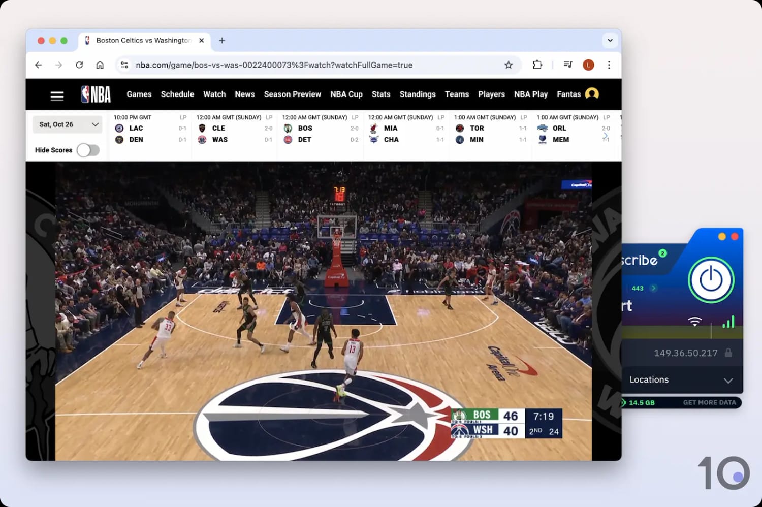 Connected to a free Windscribe server to stream live blackout NBA games.