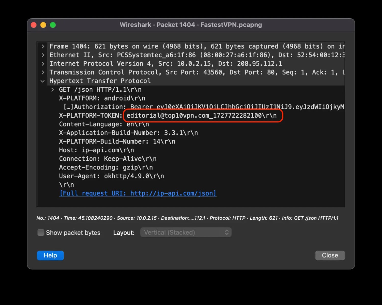 Captura de datos de Wireshark que muestra cómo FastestVPN exponía la dirección de correo electrónico.