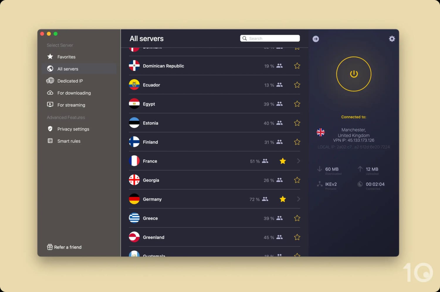 CyberGhost's Server List on Desktop