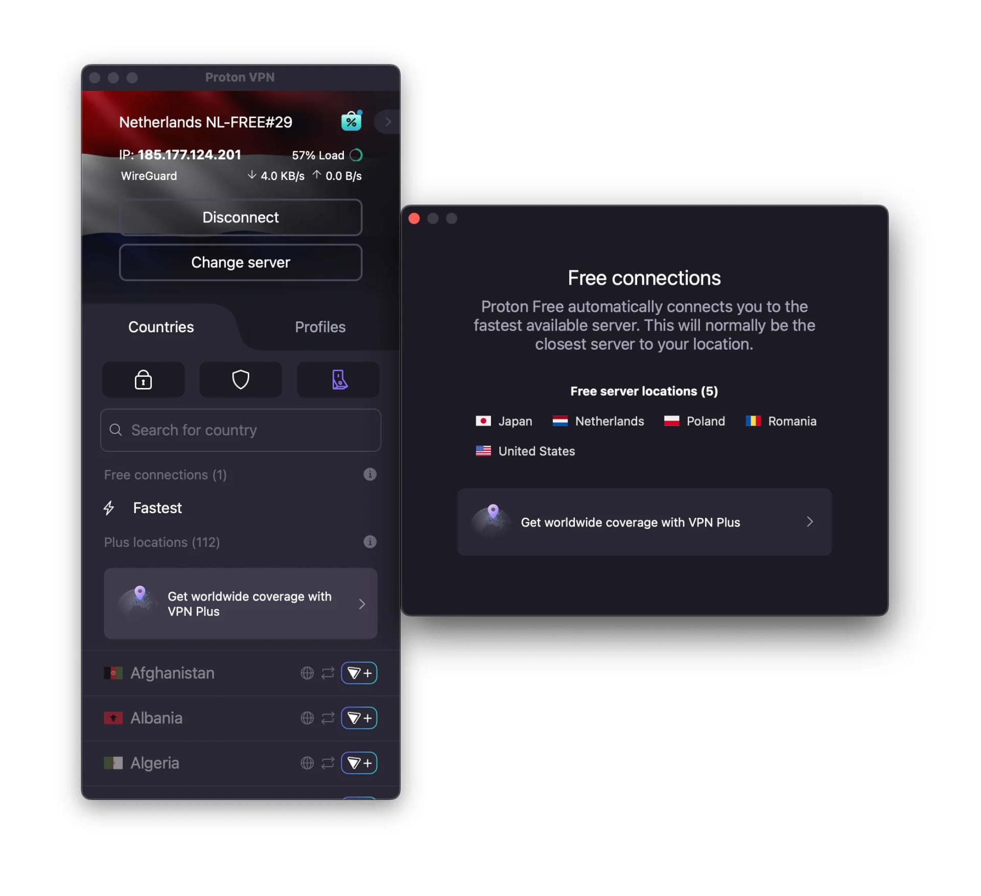 Proton VPN's free server locations