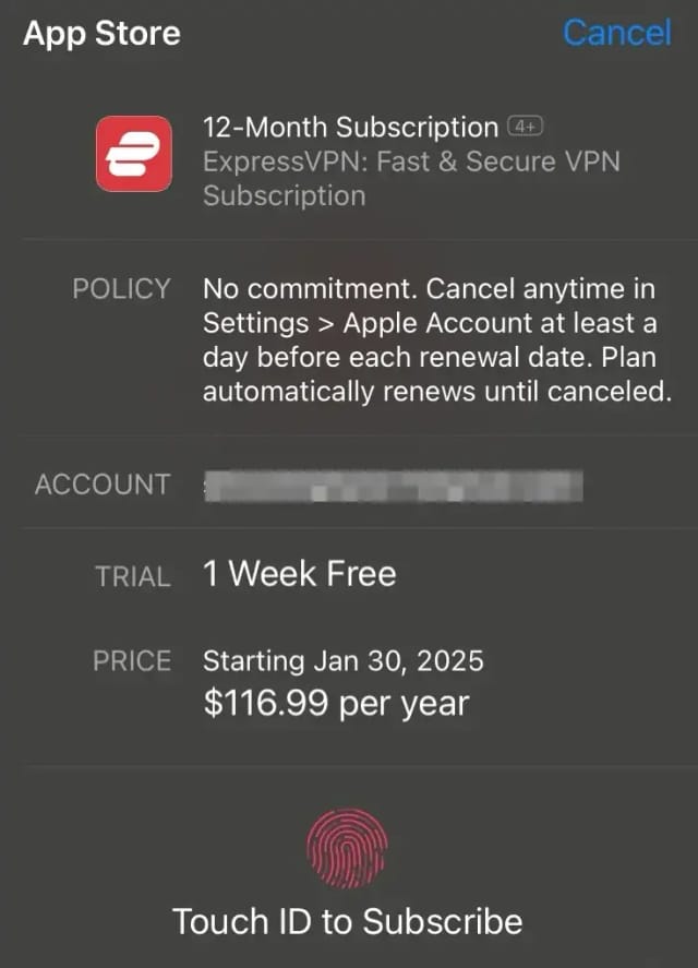 Dialogue de confirmation de la version d'essai d'ExpressVPN iOS