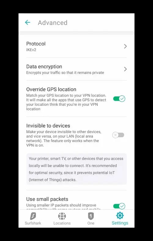 Surfsharks GPS Override feature