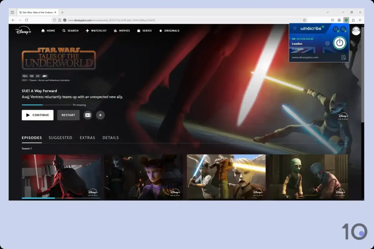 Windscribe's free Chrome extension unblocking Disney+ UK