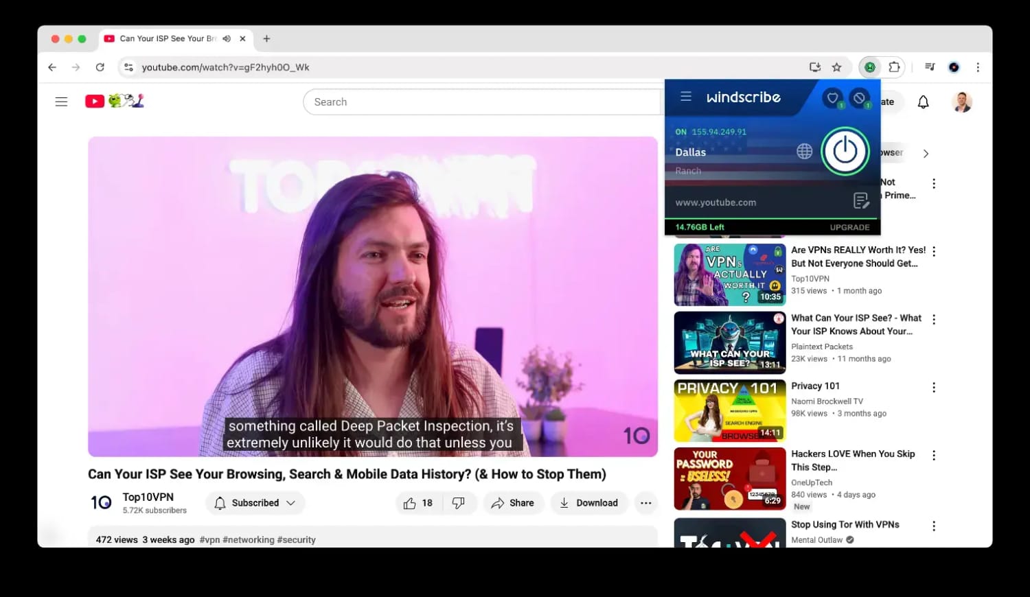 Using Windscribe's free Chrome extension with YouTube