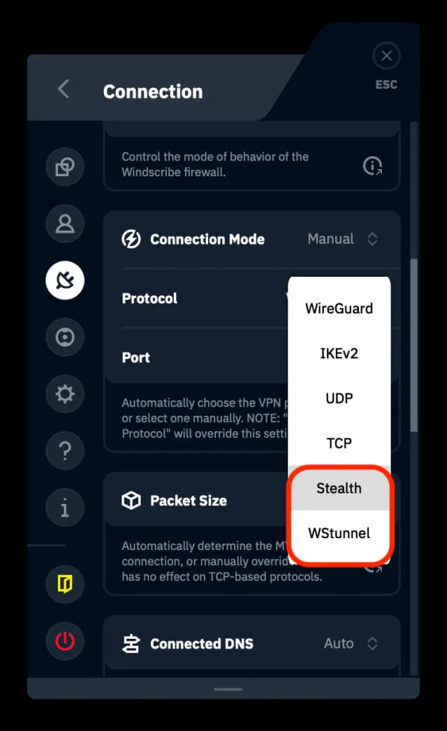 Windscribe's Connection settings, showing Connection Mode in Manual, and protocol options, including Stealth and WStunnel.